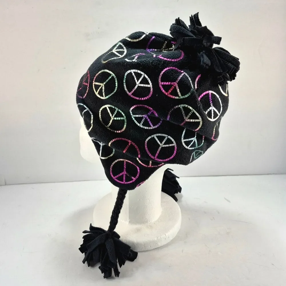The Children's Place Black Fleece Earflap Winter Hat w/ Iridescent Peace Signs